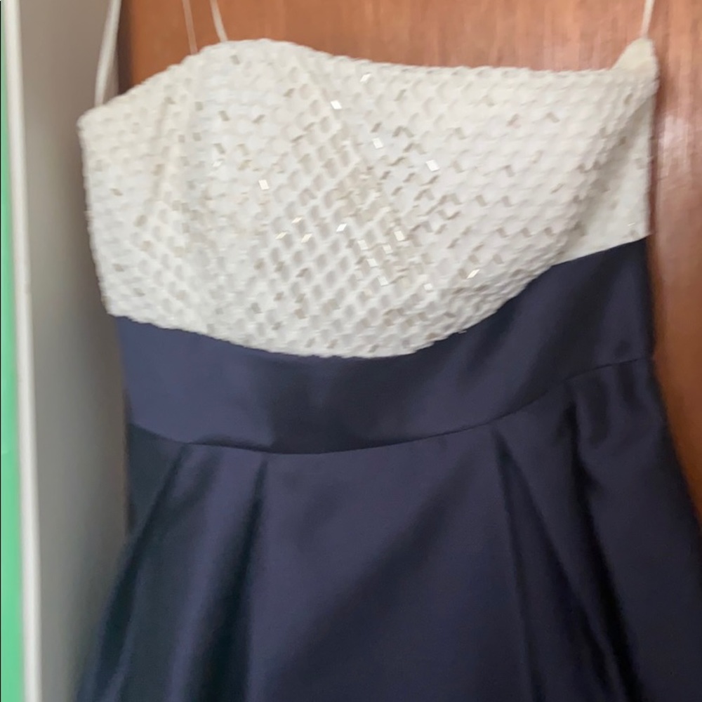 Navy and white strapless gown